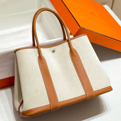 HERM Garden Party 36cm Bag in Toile and Gold Leather