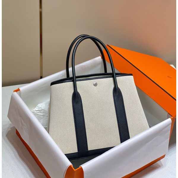 HERM Garden Party 36cm Bag in Toile and Black Leather