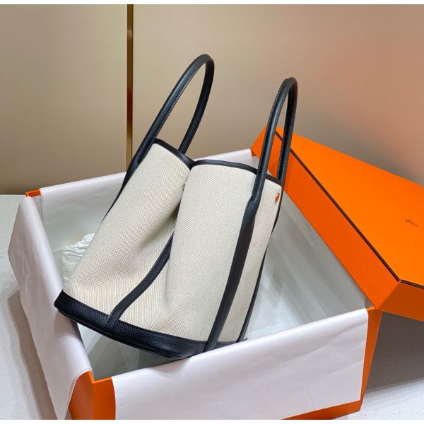 HERM Garden Party 36cm Bag in Toile and Black Leather
