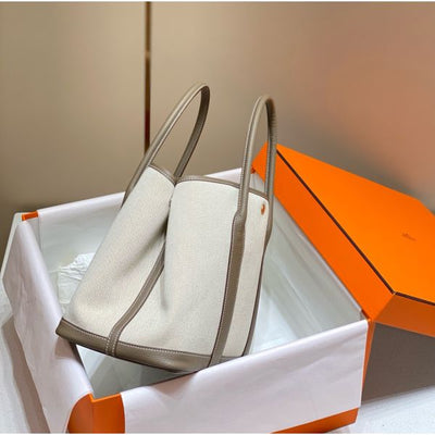 HERM Garden Party 36cm Bag in Toile and Taupe Leather