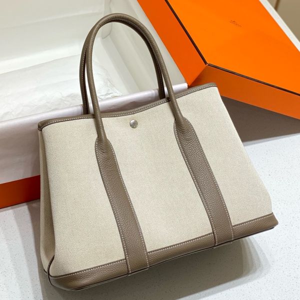 HERM Garden Party 36cm Bag in Toile and Taupe Leather