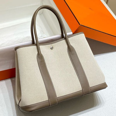 HERM Garden Party 36cm Bag in Toile and Taupe Leather