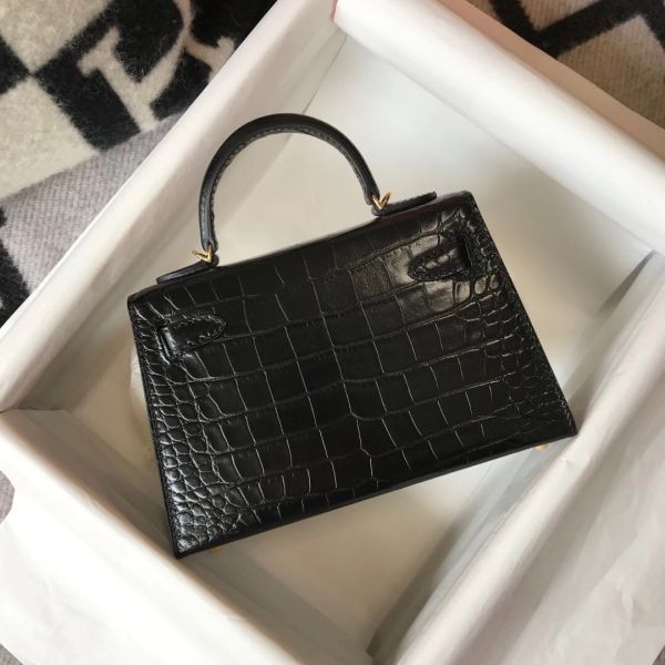 HERM Kelly Mini II Bag In Black Embossed Crocodile Leather