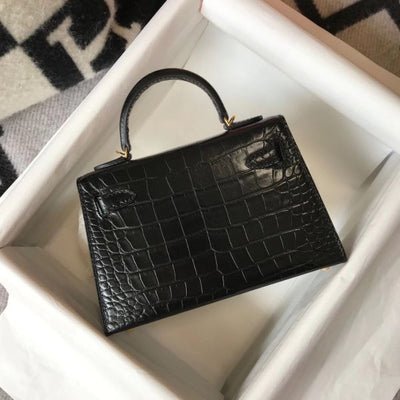 HERM Kelly Mini II Bag In Black Embossed Crocodile Leather