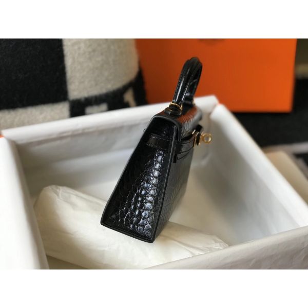HERM Kelly Mini II Bag In Black Embossed Crocodile Leather