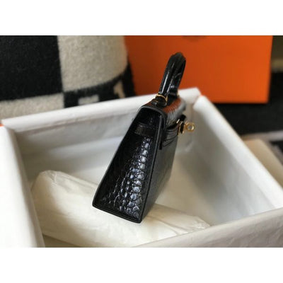 HERM Kelly Mini II Bag In Black Embossed Crocodile Leather