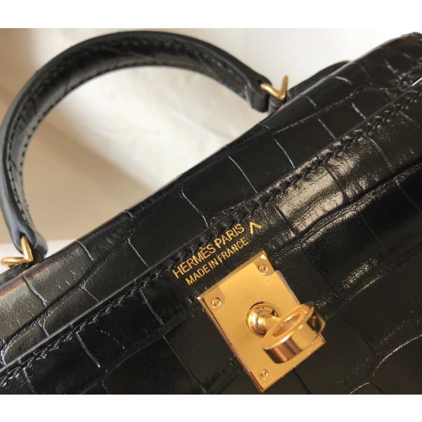 HERM Kelly Mini II Bag In Black Embossed Crocodile Leather