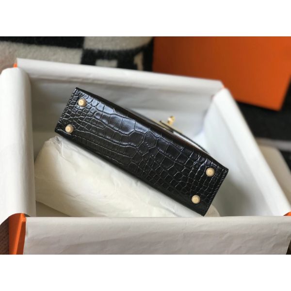 HERM Kelly Mini II Bag In Black Embossed Crocodile Leather
