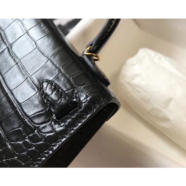 HERM Kelly Mini II Bag In Black Embossed Crocodile Leather