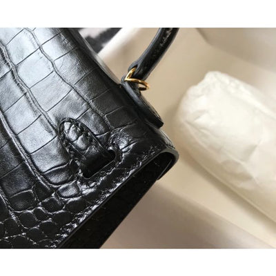 HERM Kelly Mini II Bag In Black Embossed Crocodile Leather