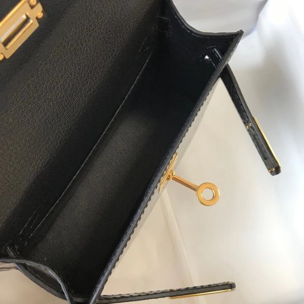 HERM Kelly Mini II Bag In Black Embossed Crocodile Leather