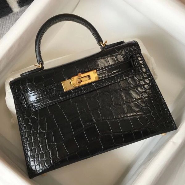 HERM Kelly Mini II Bag In Black Embossed Crocodile Leather