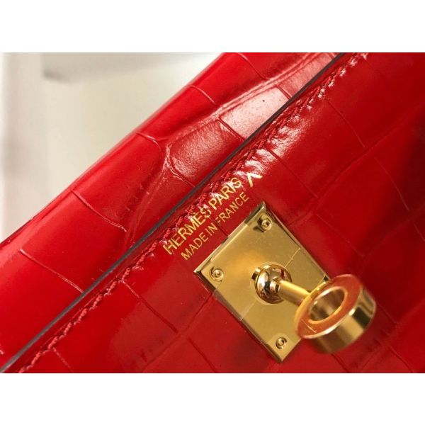 HERM Kelly Mini II Bag In Red Embossed Crocodile Leather