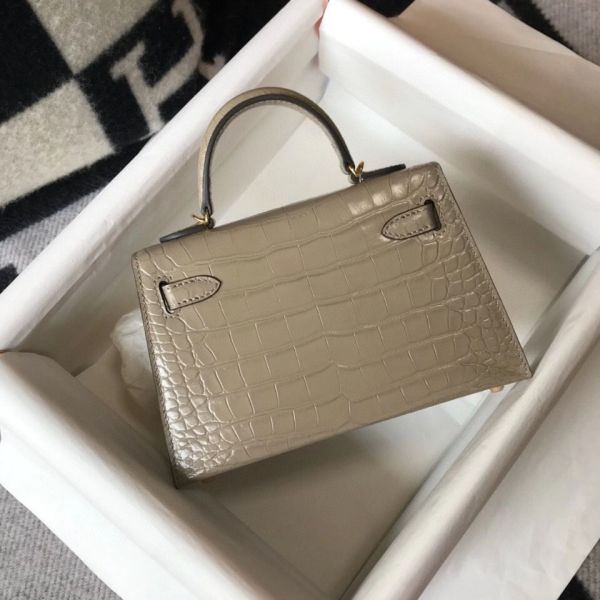 HERM Kelly Mini II Bag In Taupe Embossed Crocodile Leather