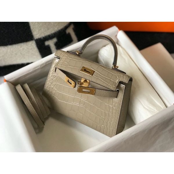 HERM Kelly Mini II Bag In Taupe Embossed Crocodile Leather