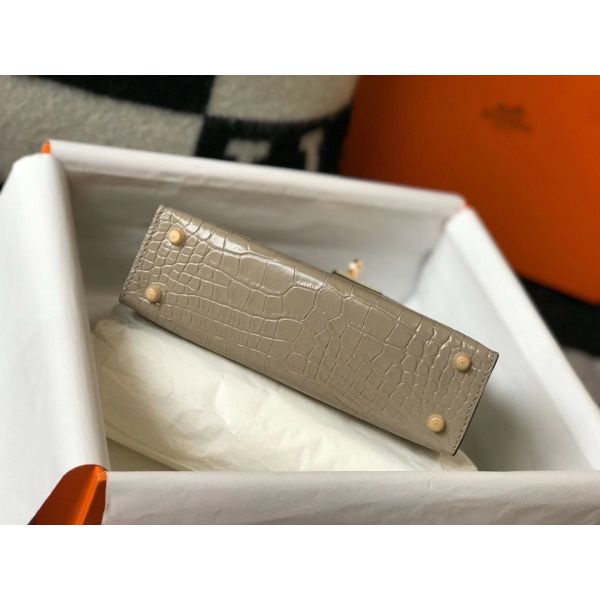 HERM Kelly Mini II Bag In Taupe Embossed Crocodile Leather