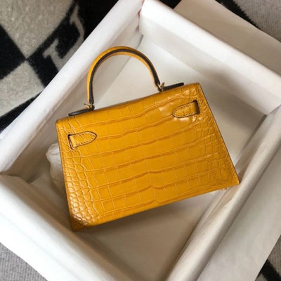 HERM Kelly Mini II Bag In Yellow Embossed Crocodile Leather