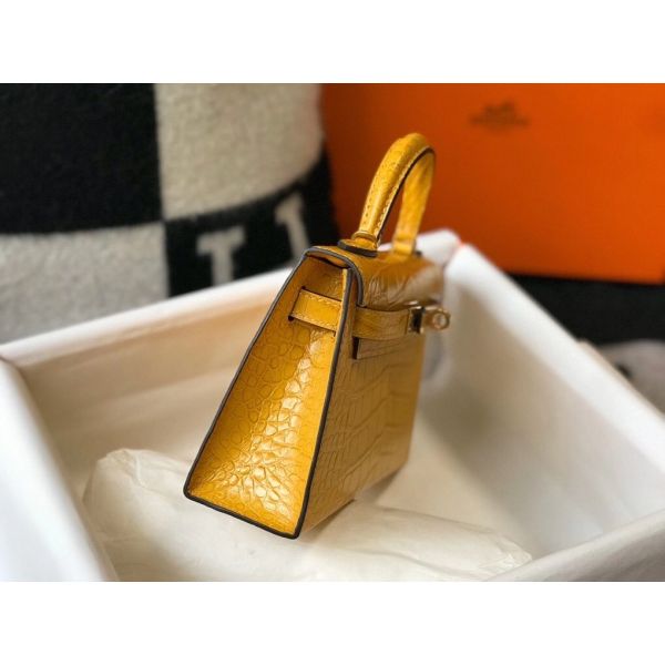 HERM Kelly Mini II Bag In Yellow Embossed Crocodile Leather