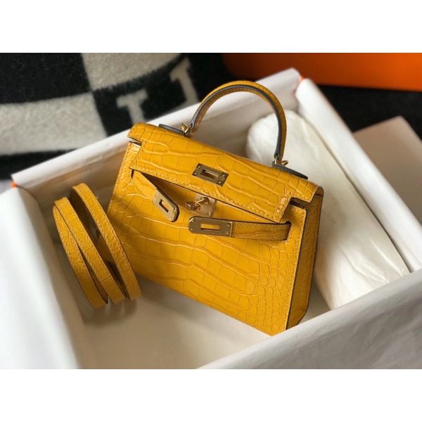 HERM Kelly Mini II Bag In Yellow Embossed Crocodile Leather