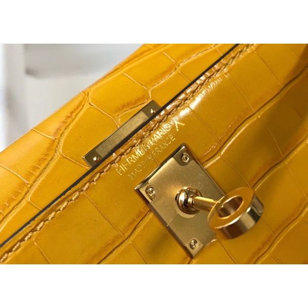 HERM Kelly Mini II Bag In Yellow Embossed Crocodile Leather