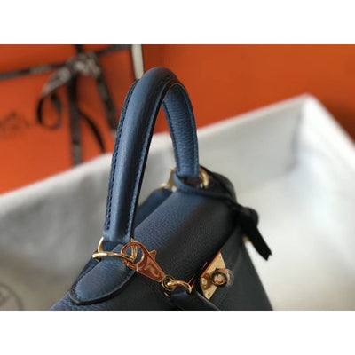 HERM Kelly 28cm Bag In Blue Agate Clemence Leather GHW