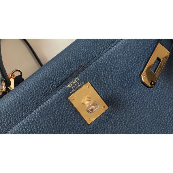 HERM Kelly 28cm Bag In Blue Agate Clemence Leather GHW