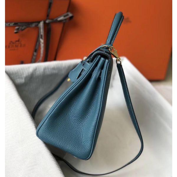 HERM Kelly 28cm Bag In Blue Jean Clemence Leather GHW