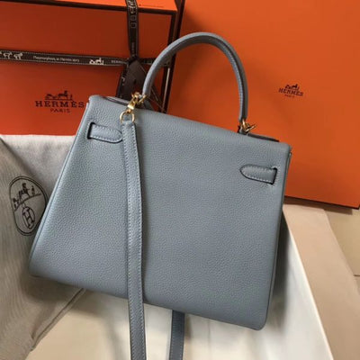 HERM Kelly 28cm Bag In Blue Lin Clemence Leather GHW