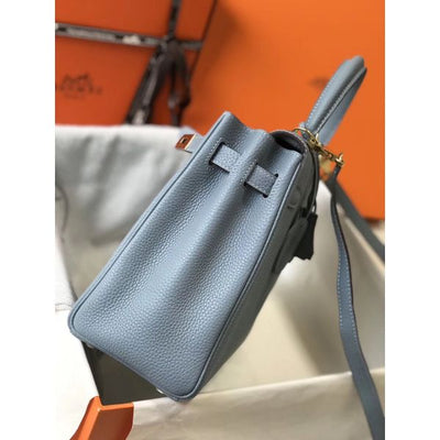 HERM Kelly 28cm Bag In Blue Lin Clemence Leather GHW