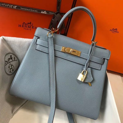 HERM Kelly 28cm Bag In Blue Lin Clemence Leather GHW