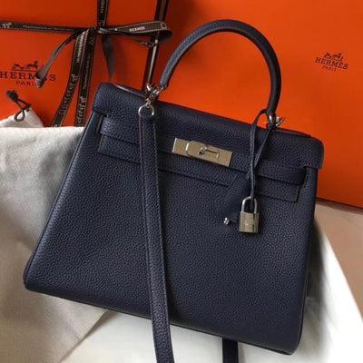 HERM Kelly 28cm Bag In Dark Blue Clemence Leather PHW