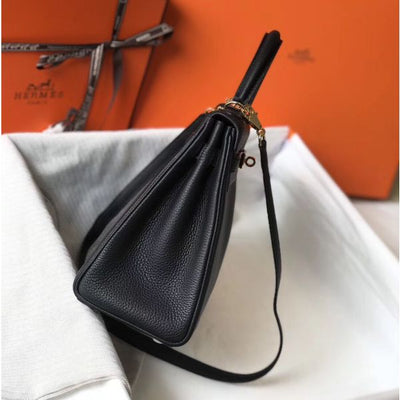 HERM Kelly 28cm Bag In Black Clemence Leather GHW