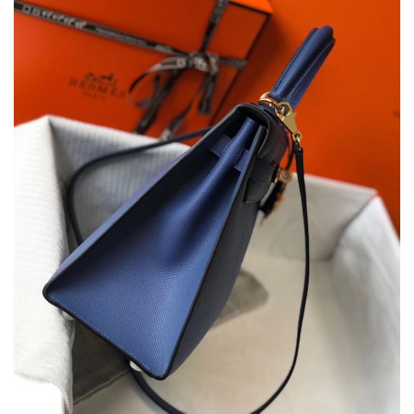 HERM Kelly 28cm Bag In Blue Agate Epsom Leather GHW