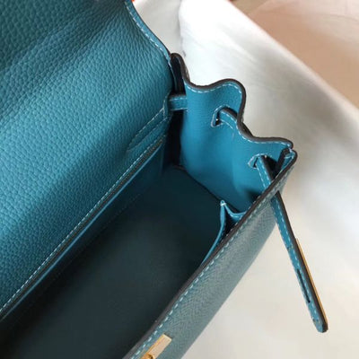 HERM Kelly 32cm Bag In Blue Jean Clemence Leather GHW