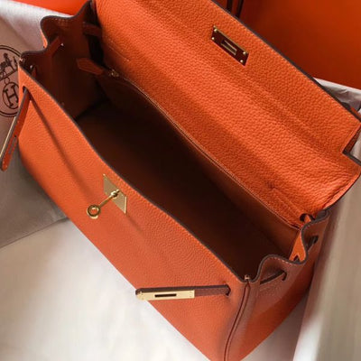 HERM Kelly 32cm Bag In Orange Clemence Leather GHW