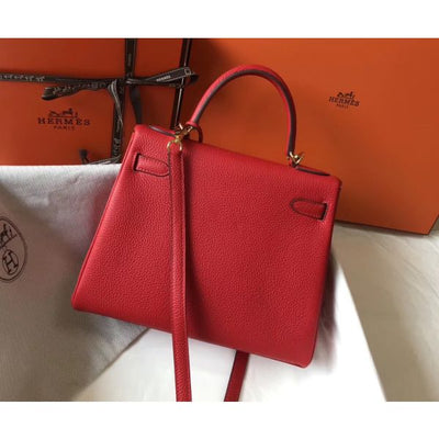 HERM Kelly 32cm Bag In Red Clemence Leather GHW
