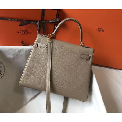 HERM Kelly 32cm Bag In Gris Tourterelle Clemence Leather GHW