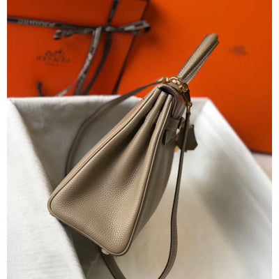 HERM Kelly 32cm Bag In Gris Tourterelle Clemence Leather GHW