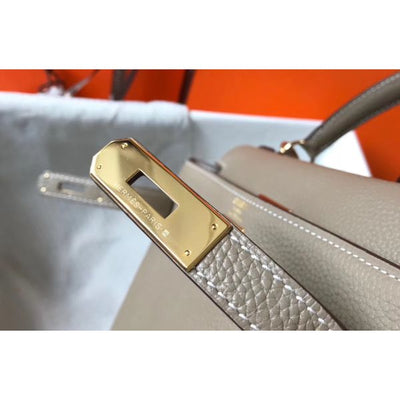 HERM Kelly 32cm Bag In Gris Tourterelle Clemence Leather GHW