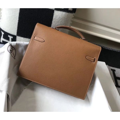 HERM Kelly Depeche 34 Briefcase In Brown Calfskin
