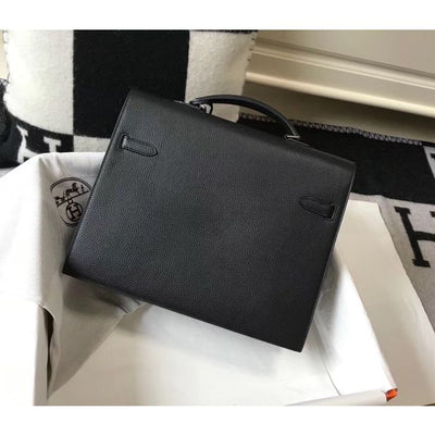 HERM Kelly Depeche 34 Briefcase In Black Calfskin