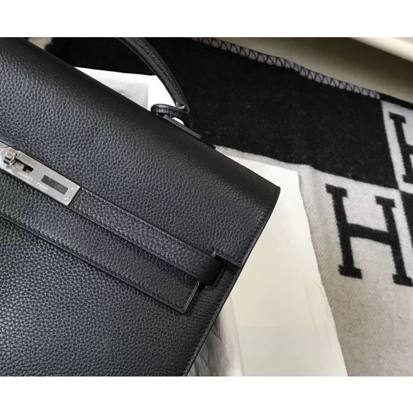HERM Kelly Depeche 34 Briefcase In Black Calfskin