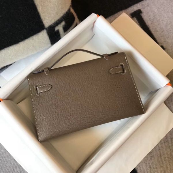 HERM Kelly Pochette Bag In Taupe Grey Epsom Leather
