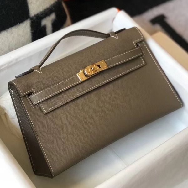 HERM Kelly Pochette Bag In Taupe Grey Epsom Leather