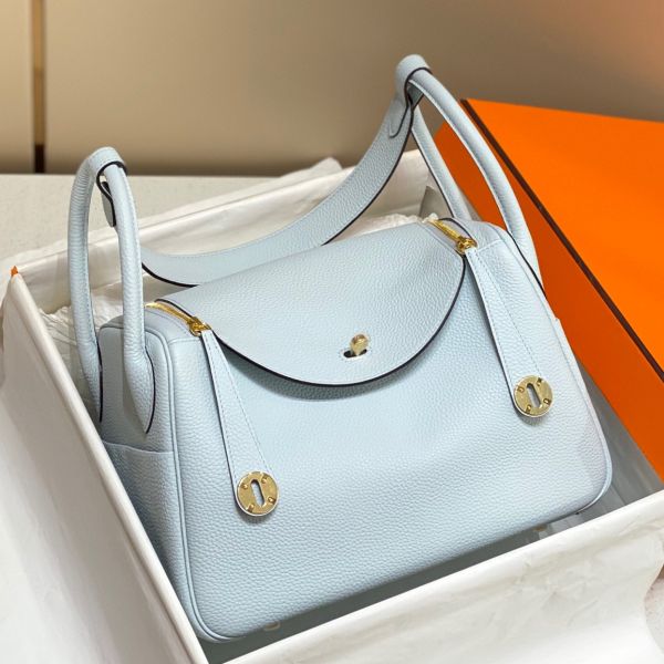 HERM Lindy 26cm Bag In Blue Brume Clemence Leather GHW