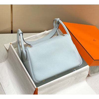 HERM Lindy 30cm Bag In Blue Brume Clemence Leather GHW