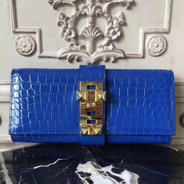HERM Medor Clutch Bag In Blue Crocodile Leather