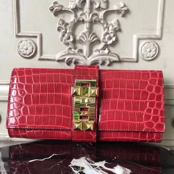 HERM Medor Clutch Bag In Red Crocodile Leather