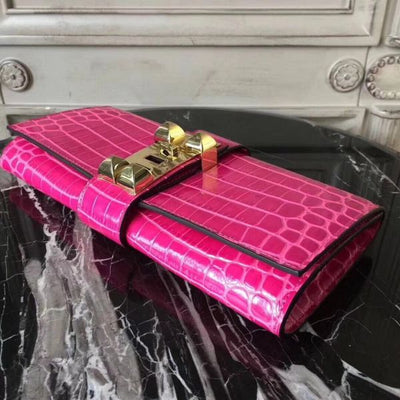 HERM Medor Clutch Bag In Rose Red Crocodile Leather