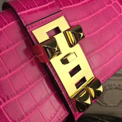 HERM Medor Clutch Bag In Rose Red Crocodile Leather